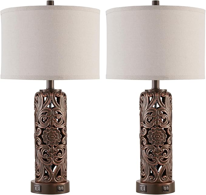 Farmhouse Table Lamps Set of 2, Vintage Lamp for Living Room and 2 USB Ports Bedside Lamp with Nightlight for Bedroom, Dark Brown Hollow Out Resin Nightstand Lamp, 2 Bulbs Included