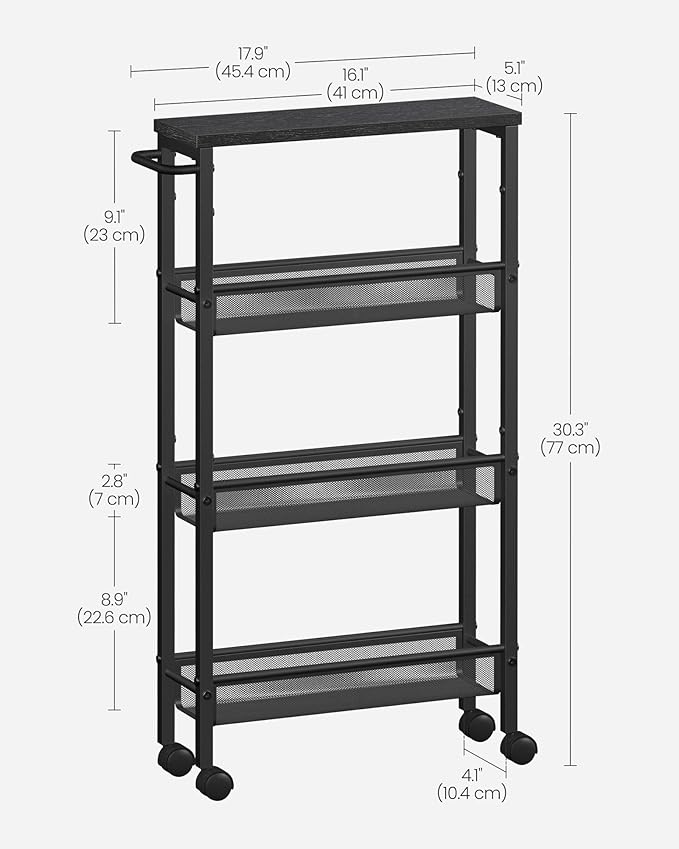 VASAGLE Slim Rolling Cart, 4-Tier Storage Cart, Narrow Cart with Handle, 5.1 Inches Deep, Metal Frame, for Kitchen, Dining Room, Living Room, Home Office, Ebony Black and Classic Black ULRC032B04