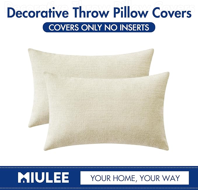 MIULEE Pack of 2 Cream Throw Pillow Covers 12x20 Inch Soft Chenille Pillow Covers for Sofa Living Room Couch Solid Dyed Cases
