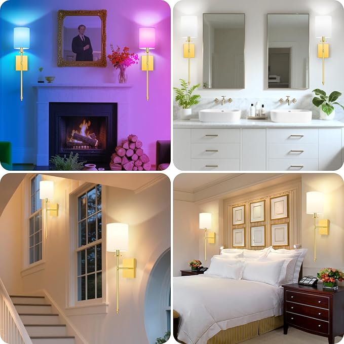 27 Inch Wall Sconces Battery Operated Set of 2, Rechargeable Wireless Wall Sconces Lights with Remote, Not Hardwired Dimmable Gold Wall Lamps with White Fabric Shade for Bedroom, 2 Bulbs Included