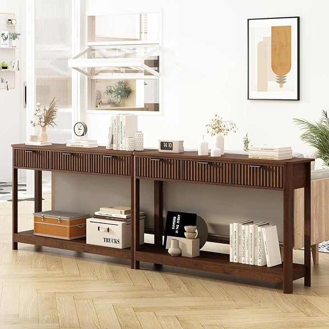 Fluted Console Table with Drawers, Modern 47.1" Entryway Table with Storage Shelf, Boho Narrow Skinny Behind Couch Wood Sofa Table for Living Room Hallway Entrance Foyer,Walnut