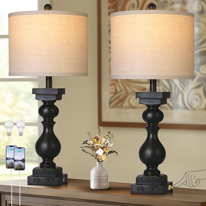 28" Tall Farmhouse Table Lamps Set of 2 with USB C+A Ports and AC Outlet, 3 Way Touch Tall Rustic Bedside Lamps for Living Room, Black Vintage Lamps for Bedroom Nightstand