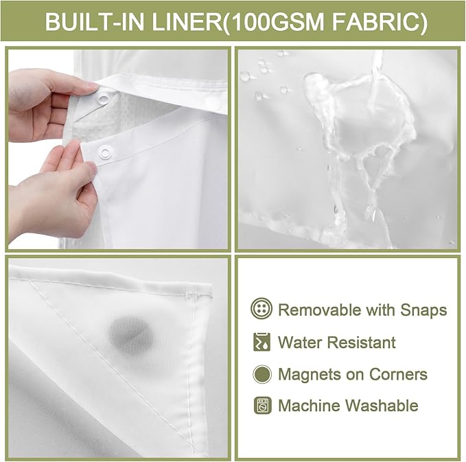 YellyHommy Waterproof Fabric Snap in Shower Curtain Liner Replacement with 2 Magnets 71" W x 66" L for 72" W x 87" L No Hook Shower Curtain - Removable & Detachable to Wash - White
