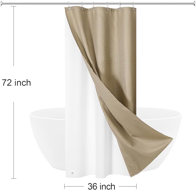 3 in 1 Stall Half Size Beige Shower Curtain Set-36 W x 72 H, Tan Waffle Waterproof Fabric and PEVA Liner Set with Stainless Steel Hooks
