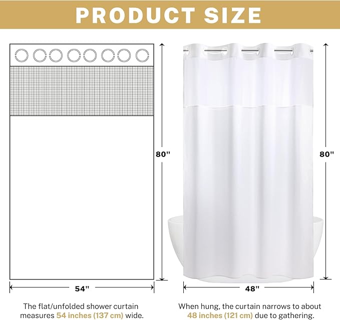 Small No Hook Shower Curtain with Snap in Liner, Polyester Textured Shower Curtain with Liner Set, Waterproof Washable Hotel Style Shower Curtains for Bathroom, 54Wx80H, White