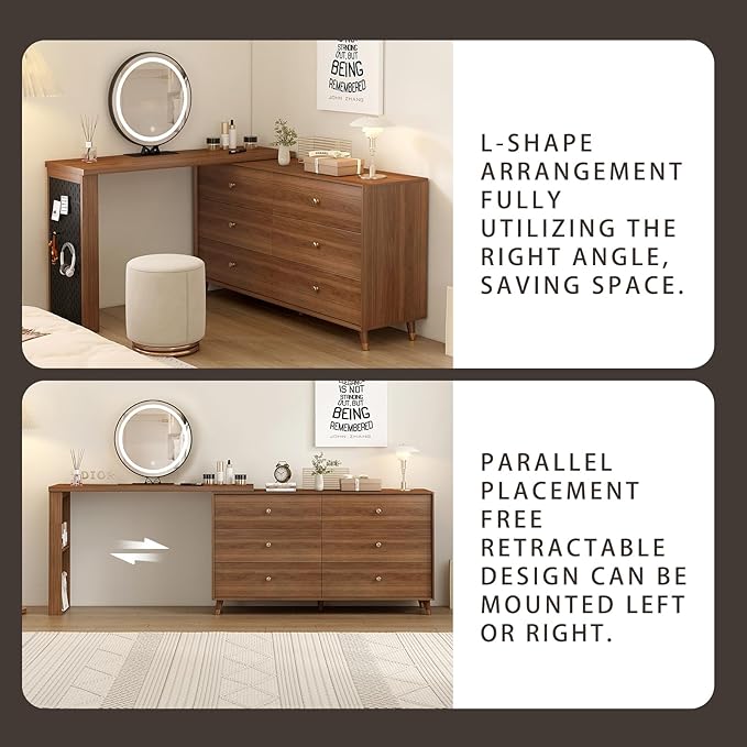 Makeup Vanity Desk with Full Aluminum HD Lighted Mirror, 50-90in Extendable Modern Vanity Table, 6-Drawer Solid Wood FrameStorage Cabinet, Dressing Table for Bedroom (Brown, 6-drawer-47.2)