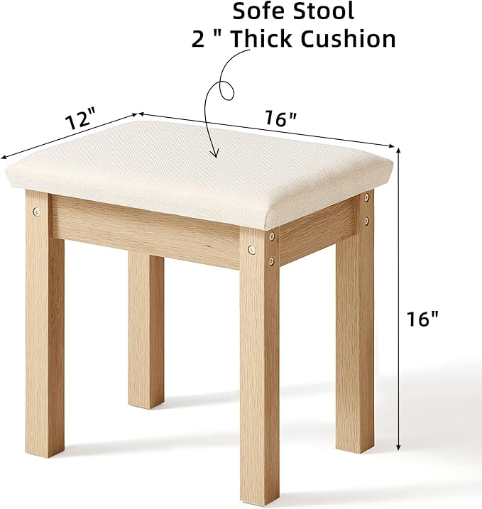 LEYAOYAO Vanity Stool, Elegant Makeup Stool with Comfortable Fabric Cushion, Sturdy Wooden Frame, Modern Vanity Bench for Bedroom and Bathroom-Natural Wood