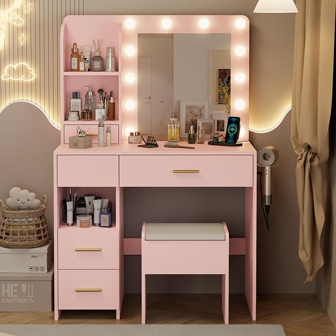 Vanity Desk with LED Lighted Mirror&Power Outlet, 3 Lighting Colors Makeup Vanity Desk with 5 Large Drawers and 3 Storage Shelves, Pink Vanity with Storage Stool for Bedroom
