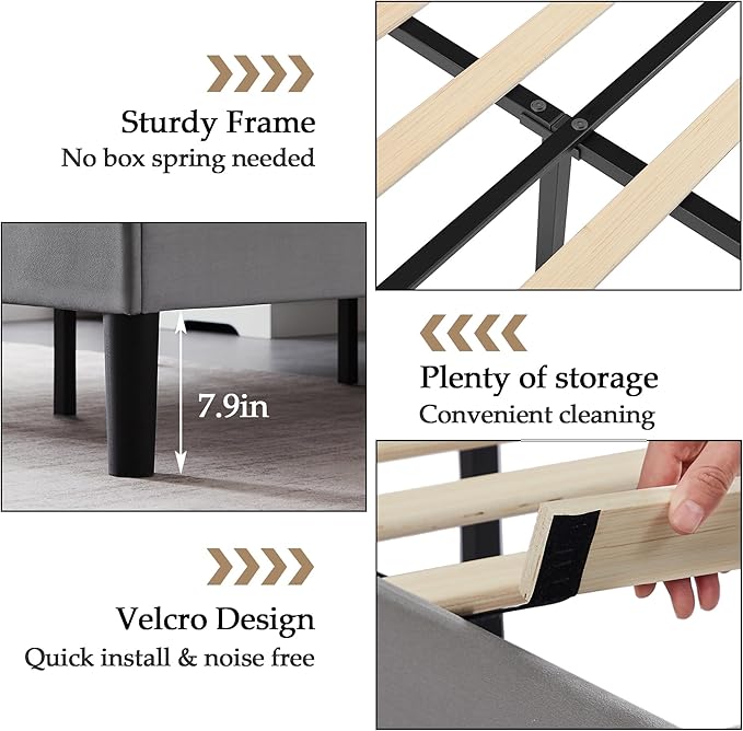 VECELO Full Bed Frame, Platform Bed Frame with Adjustable Height Upholstered Headboard, Heavy-Duty Frame and Strong Wooden Slats Support, Non-Slip and Noise-Free, Easy Assembly, Dark Grey