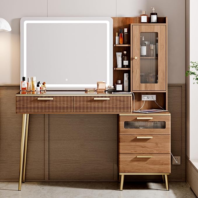 Vanity Desk with 29.53" HD Lighted Mirror, 47.24" Big Modern Vanity Desk with Mirror and Lights, Makeup Vanity with 5 Drawers and Storage Shelves and Charging Station, Brown