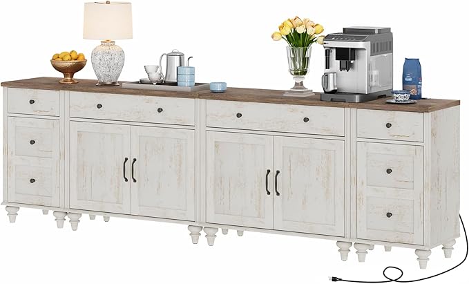 WAMPAT Farmhouse TV Stand for 100 Inch TV, 4-in-1 TV Console Table for 75/80/85/90 Inch TV, Entertainment Center with Charging Station, Kitchen Sideboard Buffet Cabinet for Dining Room, Rustic White