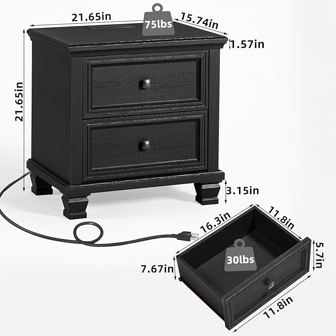 Farmhouse Black Bedroom Sets of 4, Includes 6 Drawer Large Dresser, Low 2 Drawers Night Stand with Charging Station, Small 5 Chest of Drawers, Wood Rustic Dresser & Nightstand Set for Home