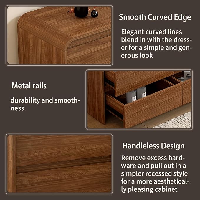 Modern 9 Drawer Dresser, 63-Inch Wood Chest of Drawers, Curved Anti-Collision Design, Mid-Century Storage Cabinet, Pre-Embedded Slots, Natural Texture, for Bedroom, Living Room, TV Stand