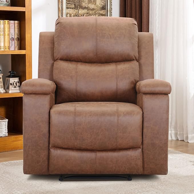 CANMOV Leather Recliner Chair, Classic and Traditional Manual Recliner Chair with Overstuffed Arms and Back, Manual Single Sofa with Concealed Cup Holders, Brown