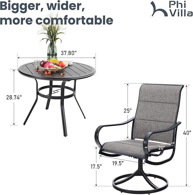 PHI VILLA Patio Dining Set 5 Piece, 4 Padded Textilene Swivel Patio Chairs and 1 Round Metal Table with 1.57" Umbrella Hole, All Weather Resistant for Lawn Garden