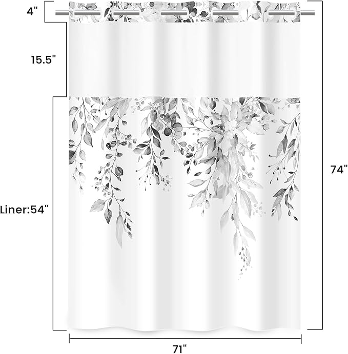 No Hook Shower Curtain with Snap in Liner - Eucalyptus Shower Curtain - Washable Waterproof Inner Liner, Plants Grey Leaves Modern Shower Curtains - Machine Washable, 71 x 74