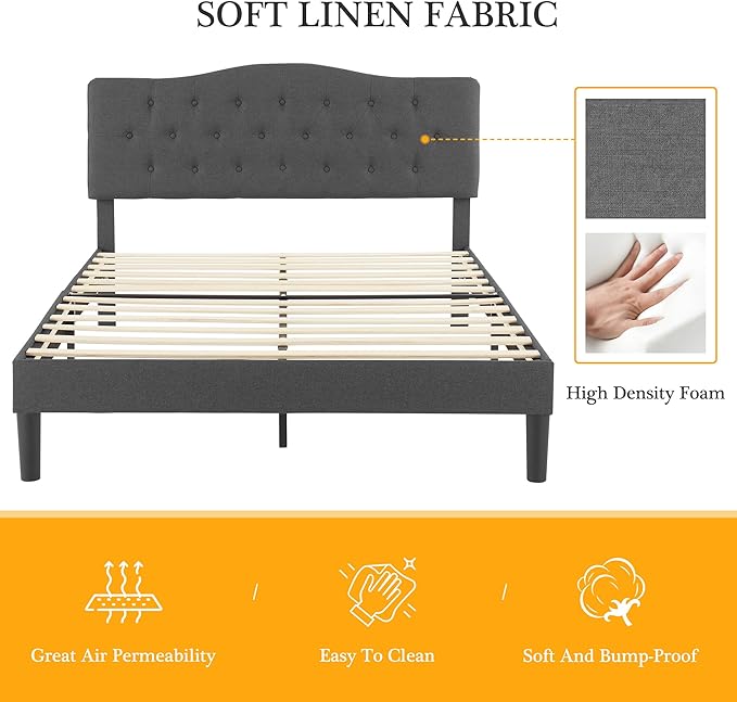 VECELO Queen Size Platform Bed Frame with Fabric Upholstered Headboard and Wooden Slats Support, No Box Spring Needed/Easy Assembly,Grey