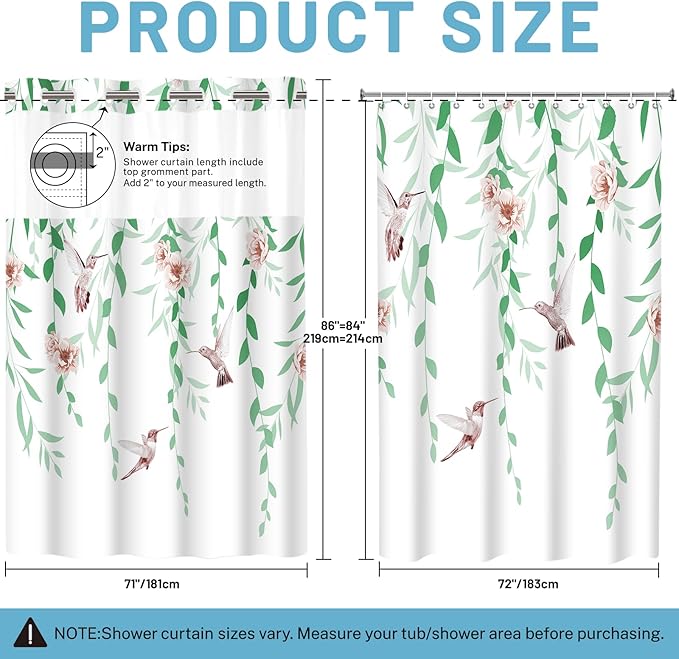 No Hook Shower Curtain with Snap in Liner - Fabric Waterproof Inner Liner, Plants Green Floral Pink Nature Birds Cloth Shower Curtains Washable, 71 x 74 Inch