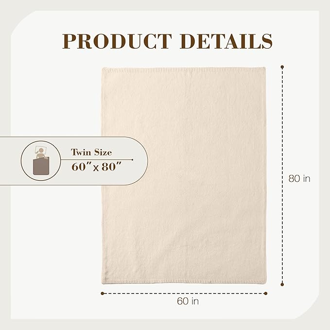 Carriediosa Wool Blend Knit Throw Blanket 60" X 80" Twin, 50% Recycled Polyester Soft Cable Knitted Fluffy Throws for Couch Lightweight Woven Blankets for Sofa Fuzzy Cozy Bed Cover, Light Beige