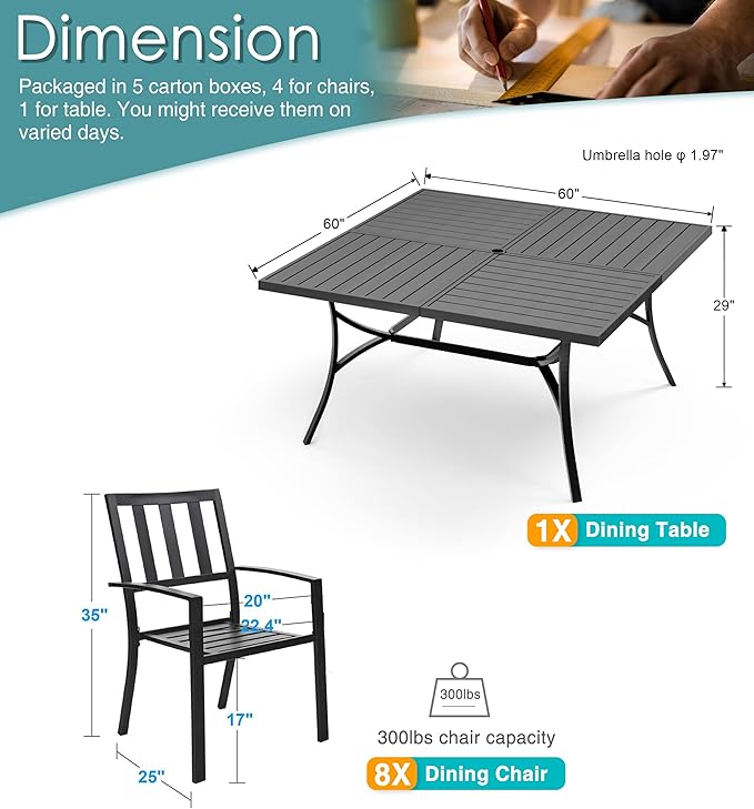 PHI VILLA 9 Pieces Outdoor Dining Table Set for 8, 60” Square Metal Dining Table & Stackable Dining Chairs, Large Dining Furniture Set for Patio, Deck, Yard, Porch
