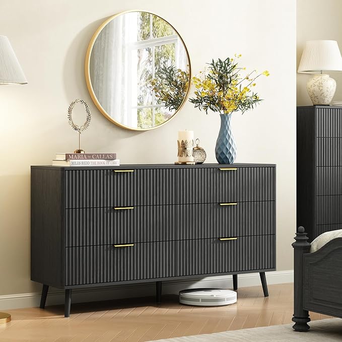CARPETNAL Fluted 6 Double Drawers Dresser for Bedroom, 55”Wide Modern Chest of Drawers with Deep Drawers,Curved Profile Design, Wood Drawer Organizer for Living Room, Hallway, Black