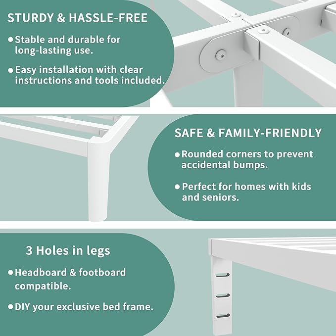 ITIMIDI 12 Inch White King Size Bed Frame, Metal King Platform Bed Frames with Round Corner Legs, Heavy Duty Steel Support 3500 LBS, Storage Space, No Box Spring Needed, Noiseless, Easy Assembly