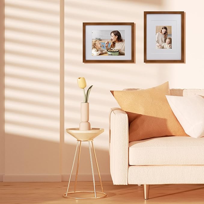 Egofine 11x14 Picture Frame Made of Solid Wood with Plexiglass, Display Pictures 5x7/8x10 with Mat or 11x14 Without Mat, for Table Top and Wall Mounting Photo Frame, Light Brown