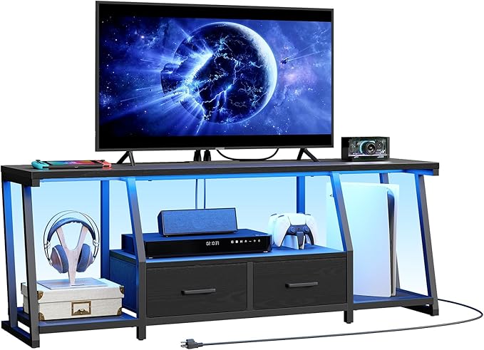 LED TV Stand with Fabric Drawers for 65 Inch TV, Entertainment Center with Power Outlets and Open Storage Shelves, Industrial Media TV Console Table for Living Room, Bedroom, Black