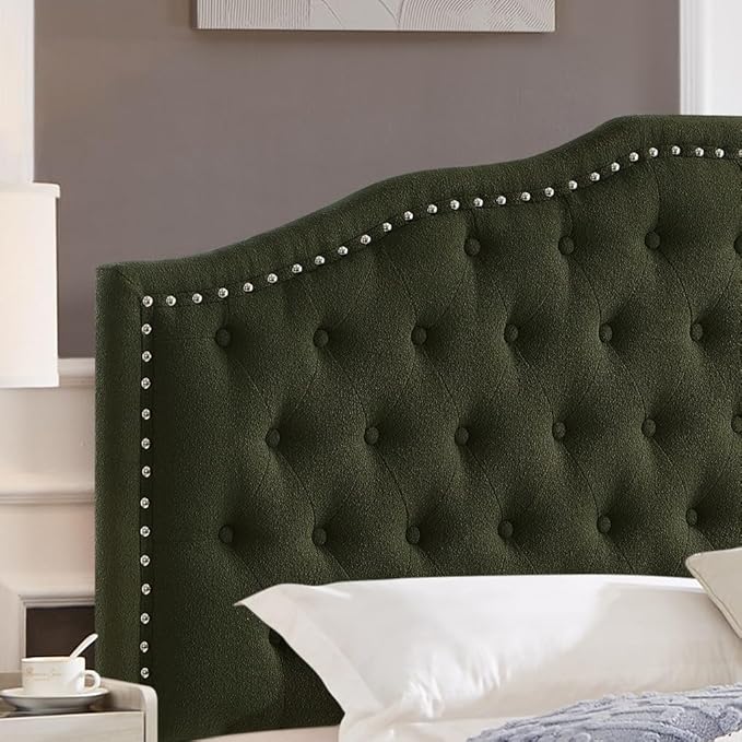 24KF Upholstered Button Tufted King Size Headboard with Nailhead Trim, Elegant Boucle Fabric California King headboard, 6031-K-Boucle-Dark Green