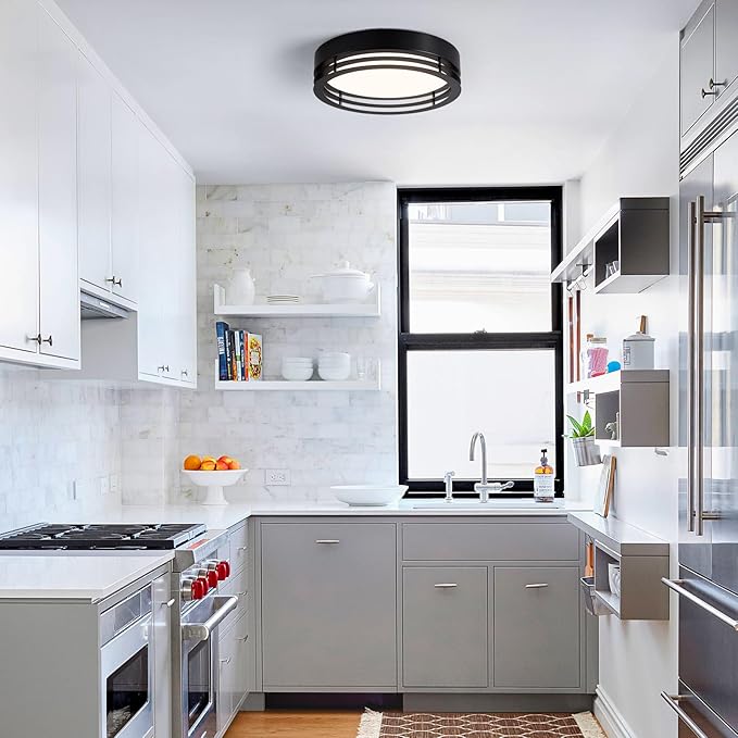 Dimmable Black Flush Mount Ceiling Light, Modern Round LED Ceiling Lights Fixture, Kitchen Flushmount Light for Bedroom Hallway Laundry Room 2700 K-6000 K 5CCT