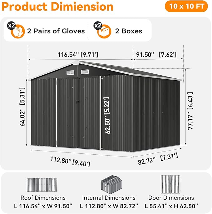 10x8 FT Metal Outdoor Storage Shed, Dual Doors with Lockable Bolts, Large Garden Shed for Yard Tools, Bike, Generator, Waterproof Galvanized Steel Panel with Vent & Sloping Roof