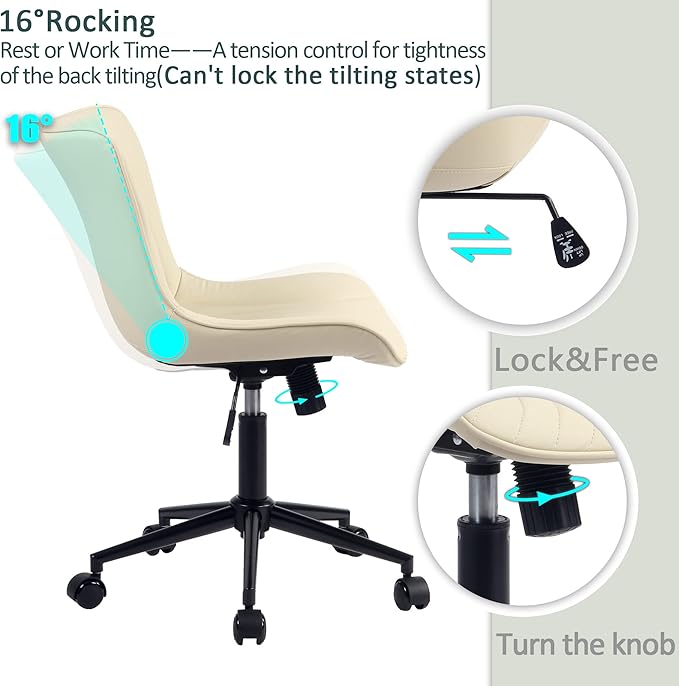 YOUTASTE Office Chair Armless Desk Chair Small Computer Swivel Rolling Chair with Wheels, Modern Upholstered PU Leather Computer Sewing Chair, Adjustable Home Office Desk Chairs, Beige