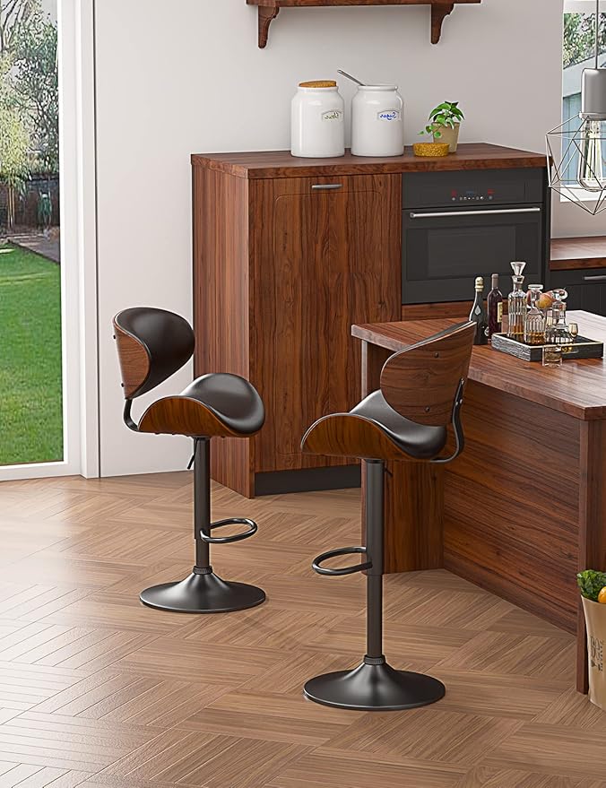 Bar Stools Modern PU Leather Adjustable Swivel Barstools, Kitchen Counter Bar Stool, Island Barstool with Back Set of 2(Black)