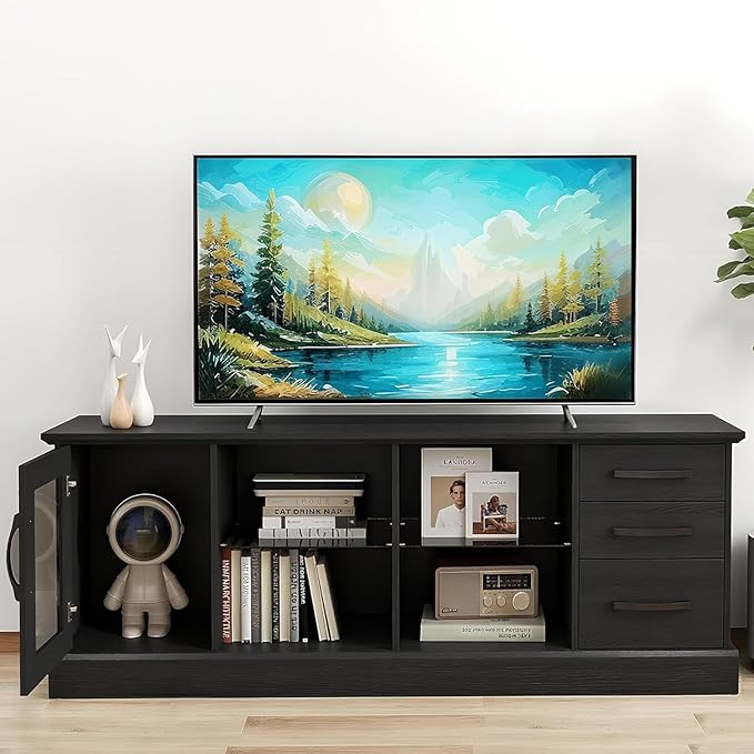 Giantex Farmhouse TV Stand for 73 Inch TV, Wood TV Console Table w/Removable Glass Shelves, Cable Management Holes & Drawers, Rustic Entertainment Center with Storage for Living Room, Bedroom, Black