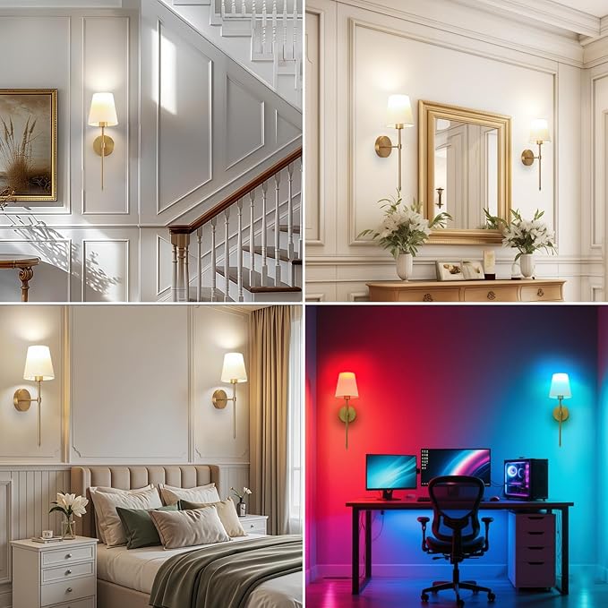 Battery Operated Wall Sconce Set of 2, Gold Rechargeable Wall Lights with Remote Control, Dimmable Wall Sconce Lighting with Fabric Shade, Wireless Wall Lamps for Living Room Hallway