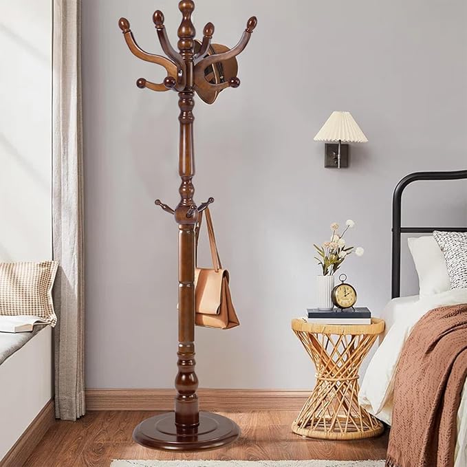 Wooden Coat Rack, Heavy Duty Coat Rack Freestanding with 11 Smooth Hooks, Coat Tree, Vintage Clothes Hanger Stand with Stable Disc Base for Bedroom, Entryway, Office-Load 180lbs (Walnut Brown)