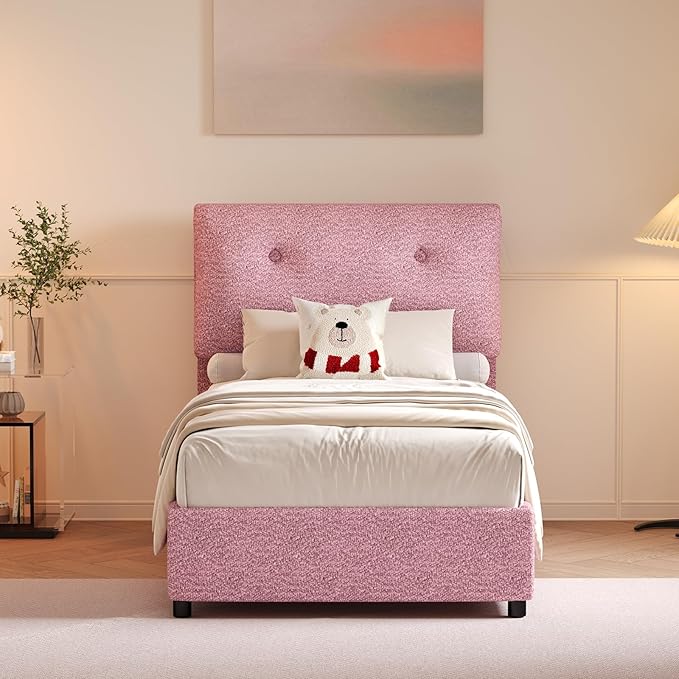 Twin Bed Frames,Breathable Boucle Fabric Upholstered Bed Frame Twin with Headboard,Removable and Washable,Wood Slat Support,No Box Spring Needed,Easy Assembly,Cama Individual,Pink