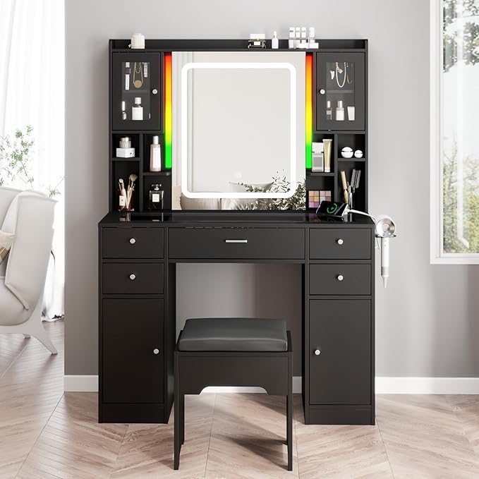 Black Vanity Desk with LED Mirror,Makeup Vanity with Charging Station & RGB Lights,5 Drawers 4 Shelves Makeup Desk Vanity Table Stool Set with Glass Table Top & Time Display Lights