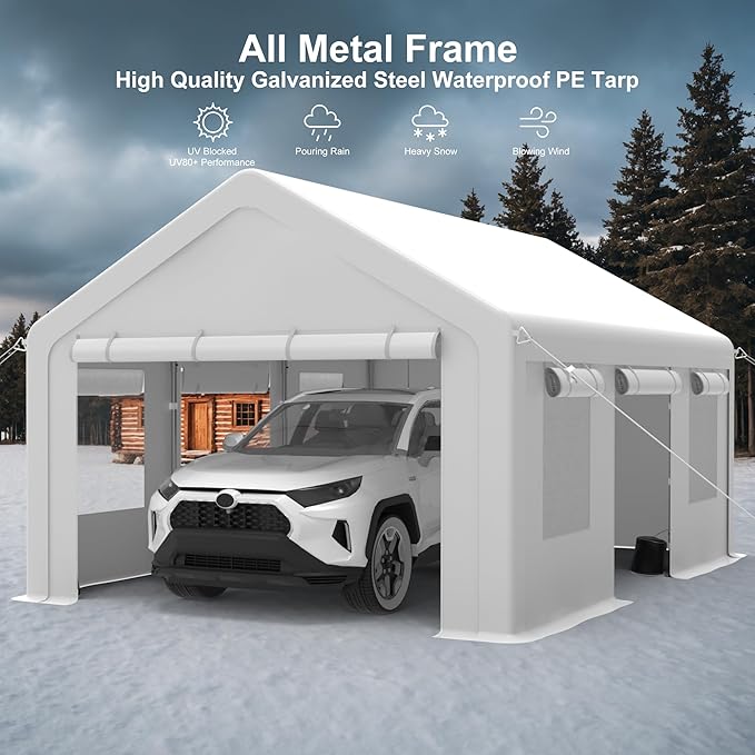 13x20ft Carport Heavy Duty, Portable Garage with 4 Doors + 4 Window, Upgraded Carport with Reinforced Steel Poles, Uv Resistant Waterproof Tarp, Portable Carport for Car, Truck, Boat
