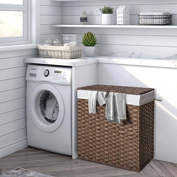 Greenstell Laundry Hamper with lid, No Install Needed, 110L Wicker Laundry Baskets Foldable 2 Removable Liner Bags, 2 Section Clothes Hamper Handwoven Rattan Laundry Basket with Handles, Brown