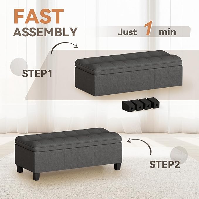 YESHOMY 47 Inches Ottoman with Storage, Storage Bench with Legs, Ottomans for Living Room, Entryway, Adjustable & Movable, Easy Assembly, Linen Fabric Dark Gray