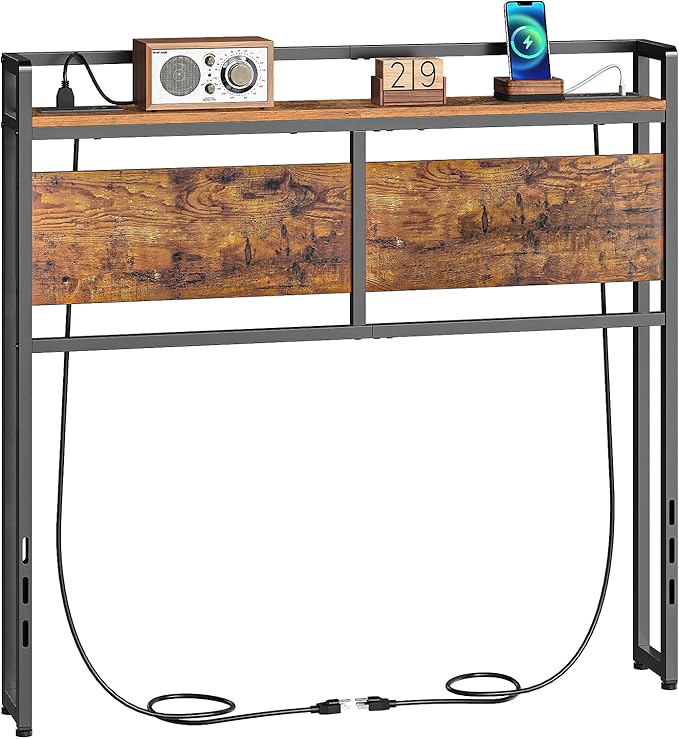 HOOBRO Headboard Twin Size, Headboard with 2 Outlets and 4 USB Ports, Adjustable Height, Storage Rack, Sturdy and Stable, Easy Assembly, Rustic Brown and Black