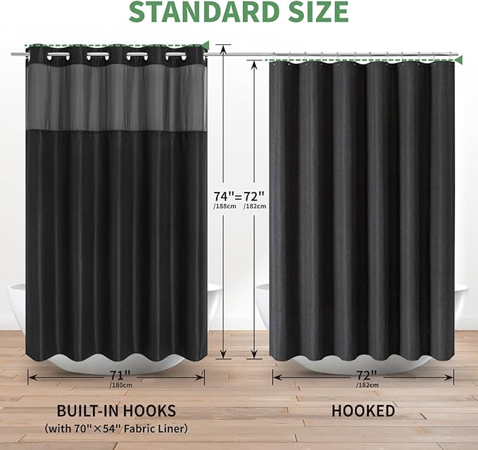 Black No Hook Shower Curtain with Snap-in Fabric Liner Set,Waffle Weave Shower Curtains for Bathroom,Hotel Luxury Decor Bathroom Curtain Set,Waterproof & Washable,71Wx74H