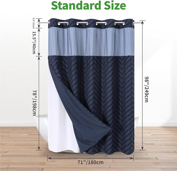 Extra Long No Hook Tufted Chevron Striped Shower Curtain with Snap-in Fabric Liner set-71Wx86H(84H),Navy Blue Hotel Grade Boho Style Shower Curtain,Water Repellent