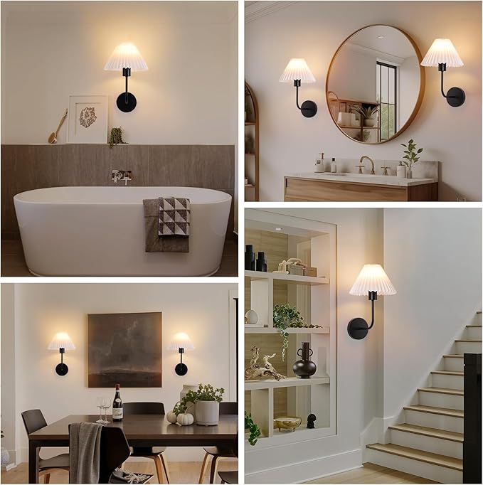 Wall Sconces Sets of 2, White Pleated Fabric lampshade, Matte Black Wall Lamp Curved Wall Lighting Bathroom Dresser Hardwired sconces wall decor Fixture Applicable to Living Room Bedroom Dining Room
