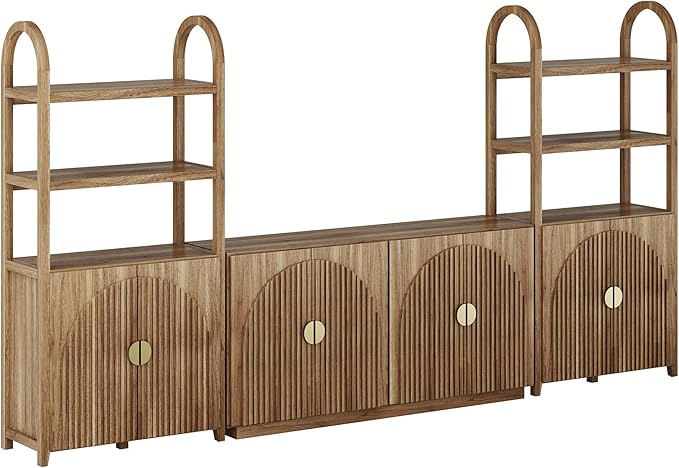 BELLEZE 3-Piece Arched TV Stand Entertainment Center with Storage, Mid Century Modern 2-Piece 72″ Tall Storage Cabinets and 65″ Fluted TV Console for Living Room(Caramel Brown)