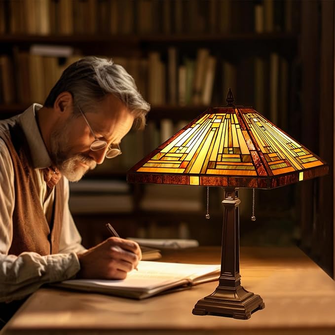 Capulina Tiffany Lamp Stained Glass Table Lamp 16X16X24 Inches Amber Brown Mission Tiffany Style Desk Lamp Decor for Bedrooms Living Room Study Home Office