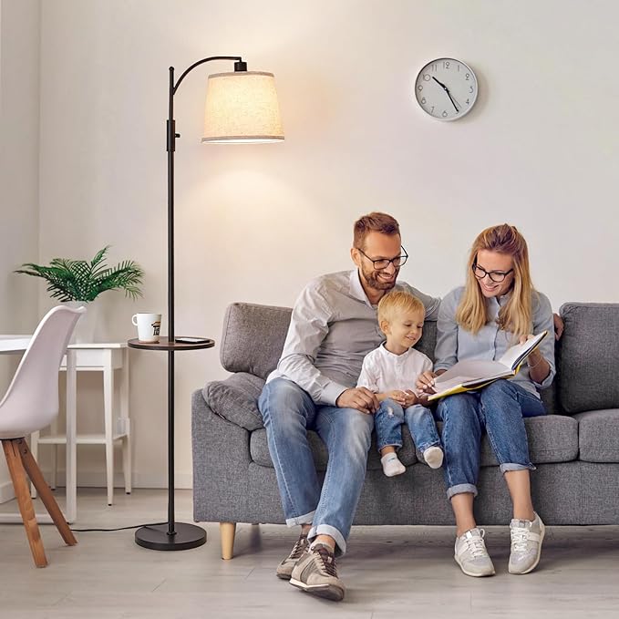 AIDENOEY Fully Dimmable Floor Lamp for Living Room,Standing Lamp Rotary Switch with Table&Linen Beige Shade,Black Tall Lamps for Bedroom with Adjust Head,9W LED Bulb Included