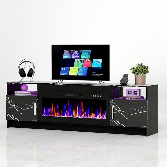 Ludatido 70 Inch TV Stand with 36 inch Electric Fireplace 27 LED Light Entertainment Center for TVs Up to 80" Black Modern Wood Media TV Console with Highlight Cabinet for Living Room Black Marbling