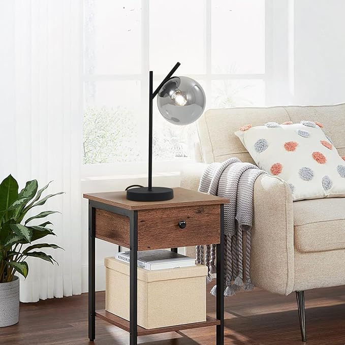 Black Table Lamp Vintage Metal Desk Lamp Modern Smoke Gray Glass Globe Nightstand Lamp Nordic Bedside Lamp for Living Room Bedroom Office